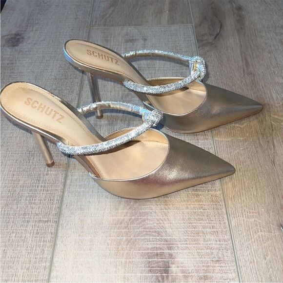 Schutz Say Yes Gold Metallic Napa Pointed Toe Mule Heels US 8.5 - Picture 7 of 10
